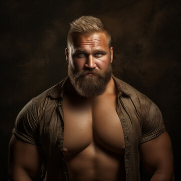portrait of blond mature man, beefy rotund handsome male persona. style, elegant, crew cut, full beard, smile. gentle, loving, kind, tender guy. earth tones, dark background.