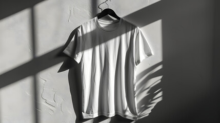 Blank White T-Shirt Mockup with Shadow Play on Wall Creative Fashion Design Presentation