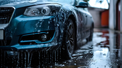 Luxury Car During Professional Wash Evening Lights Reflecting on Wet Surface