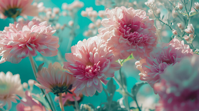 Soft Pink Chrysanthemums on Turquoise Background Dreamy Floral Aesthetic