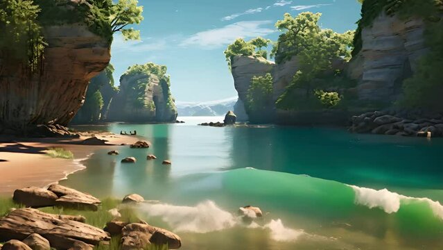 Wild tropical island with calm water waves and big green mountains slow motion background wallpaper