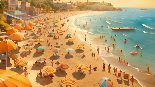 View of a crowded summer beach with tourists swimming and tanning slow motion digital art background wallpaper