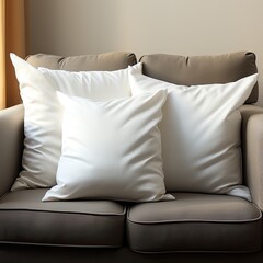 Three white pillows on the sofa. Small 3D pillows interior design. Pillow template blank for inscriptions. Clean and white bed linen in your home or hotel.