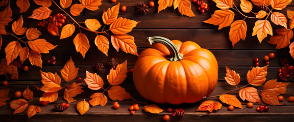 Autumn Pumpkin and Leaves on orange Background for Fall backdrop
