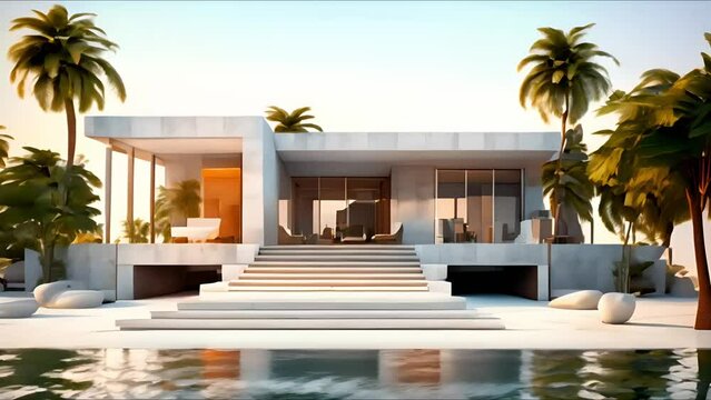 White modern house with palm trees during summer day time motion background wallpaper