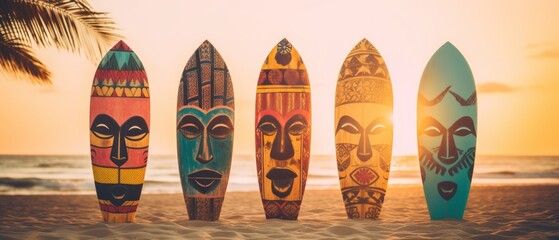 Surfboards with Face Pattern. Surfboards on the beach. Vacation concept.	 Surfboards on the beach at sunset - vintage effect style pictures. 