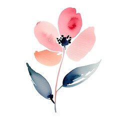 Single watercolor style pink flower with leaves on a white background. Raster illustration.