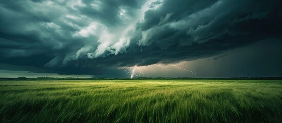 Green meadow thunderstorm with lightning.