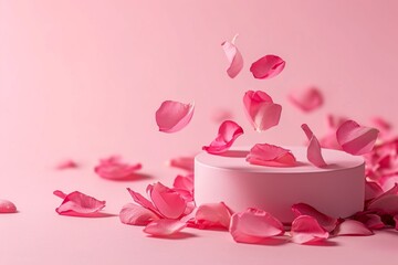 Luxury pink product presentation with falling rose petals.