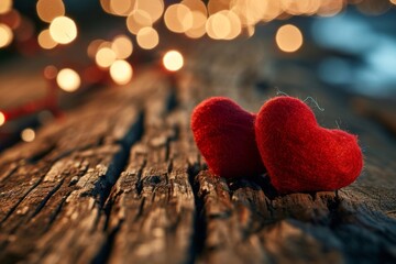 Fototapeta premium Close-up of red hearts on wooden board with lights
