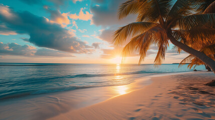 Paradise Awaits: Tropical Beach at Sunset with Palm Trees