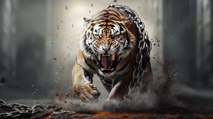 angry roaring tiger frees himself from chains - 709308817