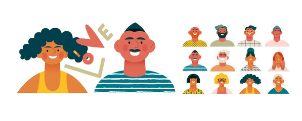 Fototapeta premium Valentine: Spectrum of Love - modern flat vector concept illustration of a vibrant array of individual portraits celebrating love's diverse expressions. Metaphor for the universal language of love