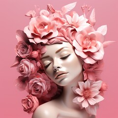 Fashion portrait of beautiful young woman with pink flowers on her head, Ai Generated