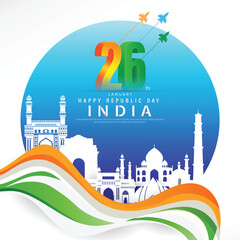 26 th January Indian Republic Day poster template design with Indian flag and silhouette of Indian monument. © Soumen
