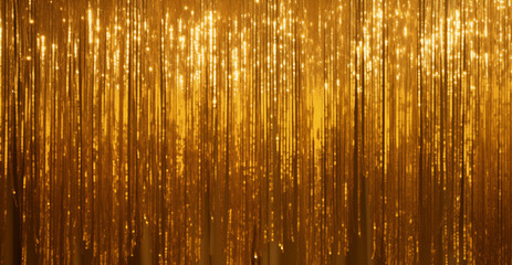 Golden sparkling tinsel curtain, wide party background. Foil fringe disco backdrop - obrazy, fototapety, plakaty