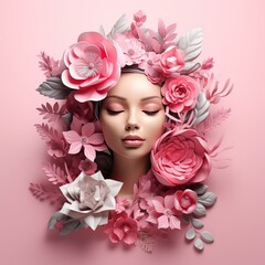 Portrait of beautiful young woman with flowers in her hair. Girl with pink make up, Ai Generated