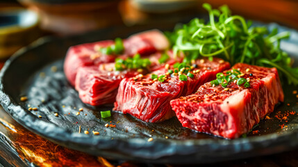 raw beef steak sliced cuts with vegetables on a black plate - Powered by Adobe
