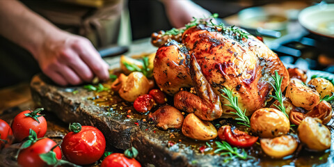hands of cook in front of a grilled chicken with vegetables