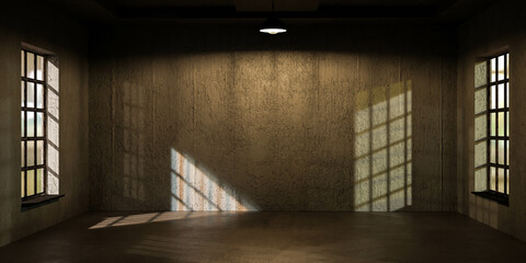 Empty Room at night With two Windows 3d render illustration