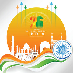 26 th January Indian Republic Day poster template design with Indian flag and silhouette of Indian monument.