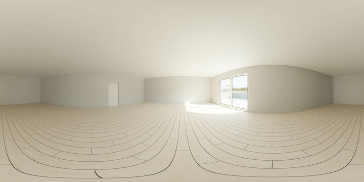 A Spacious Room with Wood Flooring and Ample Natural Light 360 panorama vr environment map 3D render illustration