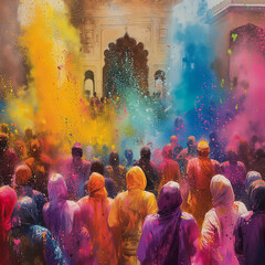 crowd of people in colourful powder during Holi festival 
