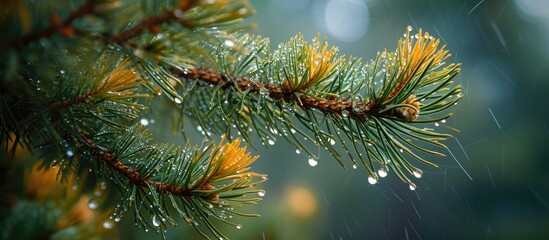 Fototapeta na wymiar Rain glistens on pine branch, like jewelry on long needles.