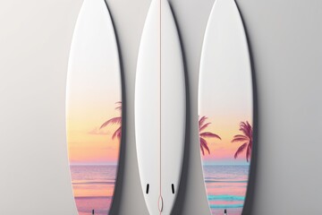  Mockup of Surfboards isolated. Mockup. Editable Template. Surfboards on the beach. Vacation Concept.	