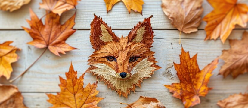 DIY autumn crafts for adults: making a fall nature collage with a fox face drawn on a dry maple leaf.