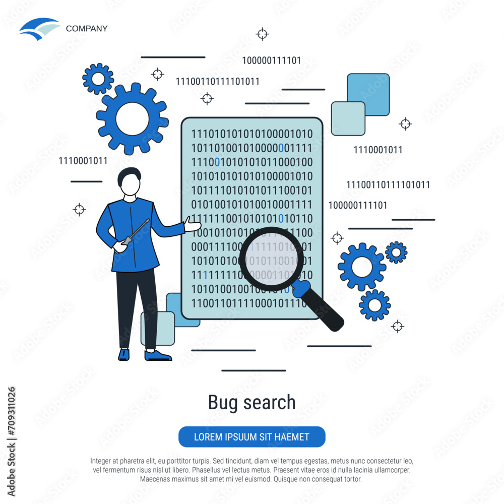 Poster bug search, error fixing flat design style vector concept illustration