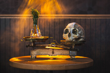 moody picture of scales with skull and herbs imitating good and evil