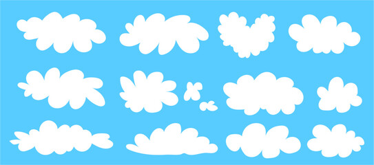 Simple white clouds set. Cute and kawaii elements collection on blue bg. Vector naive art illustration.