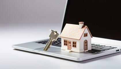 keys next to a miniature house on a laptop, The real estate market is just a click away: buy and sell properties from the comfort of your home.