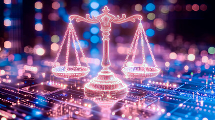 Law scales on background of data center. Digital law concept