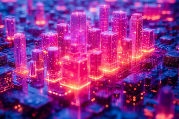 Modern futuristic city. Skyscrapers buildings with digital hologram glowing lights