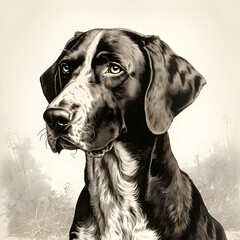 vintage German Shorthaired pointer female illustration black & white, in the style of hand-drawn animation, detailed engraving, giorgione, meditative color contrasts, edward poynter, optical illusio