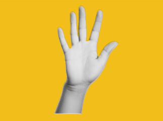 Collage hand with halftone effect. Cut out paper. Hand holds c gesture high five. Vector modern illustration.