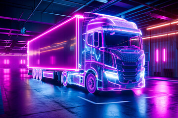 Neon outline truck. Illustration with holographic cargo truck vehicle - obrazy, fototapety, plakaty