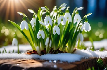A lot of snowdrops grow in the snow in spring, on a wooden board, sunlight, fresh spring flowers