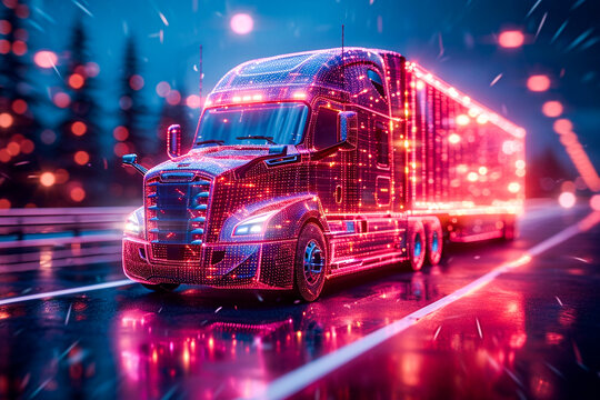 Neon outline truck. Illustration with holographic cargo truck vehicle