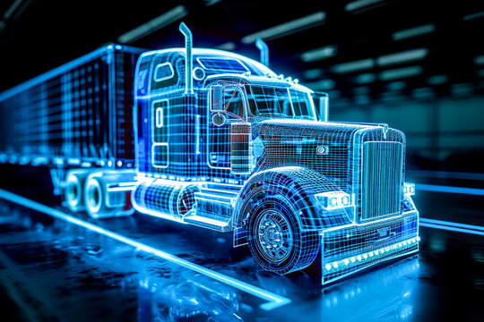 Neon outline truck. Illustration with holographic cargo truck vehicle - Powered by Adobe