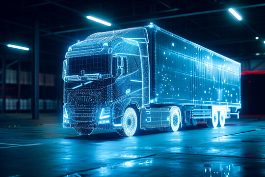 Neon outline truck. Illustration with holographic cargo truck vehicle - Powered by Adobe