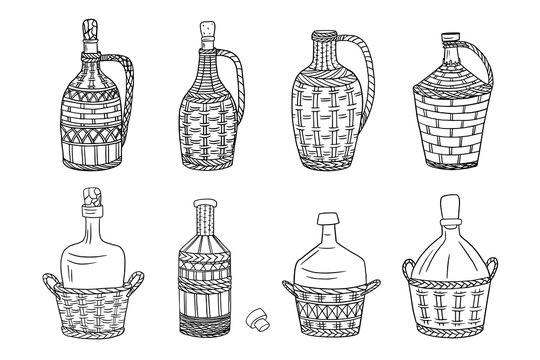 Big set of wicker wine bottles and decorative wicker baskets in doodle style. Winery. Vector illustration. Hand drawn. Isolated on white background