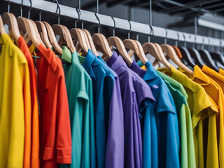 multi colored shirts hang in Wardrobe