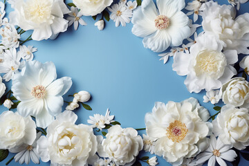 Floral frame of beautiful white peony flowers on blue pastel table top view and flat lay style.