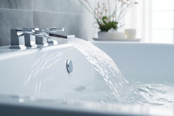 Elegant modern faucet with water filling a white bathtub, contemporary bathroom design - obrazy, fototapety, plakaty