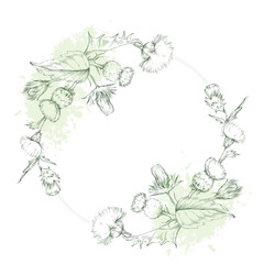 Flower circle frame. Hand drawn round line border, leaves and flowers, wedding invitation and cards, logo design and posters template. Elegant minimal style floral vector isolated 