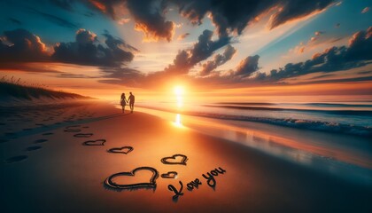 Romantic sunset, Valentines Day. Beach, I Love You and hearts carved in sand. sunset, cupid. loving couple holding hands