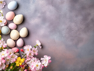 Easter background with Easter eggs and spring flowe